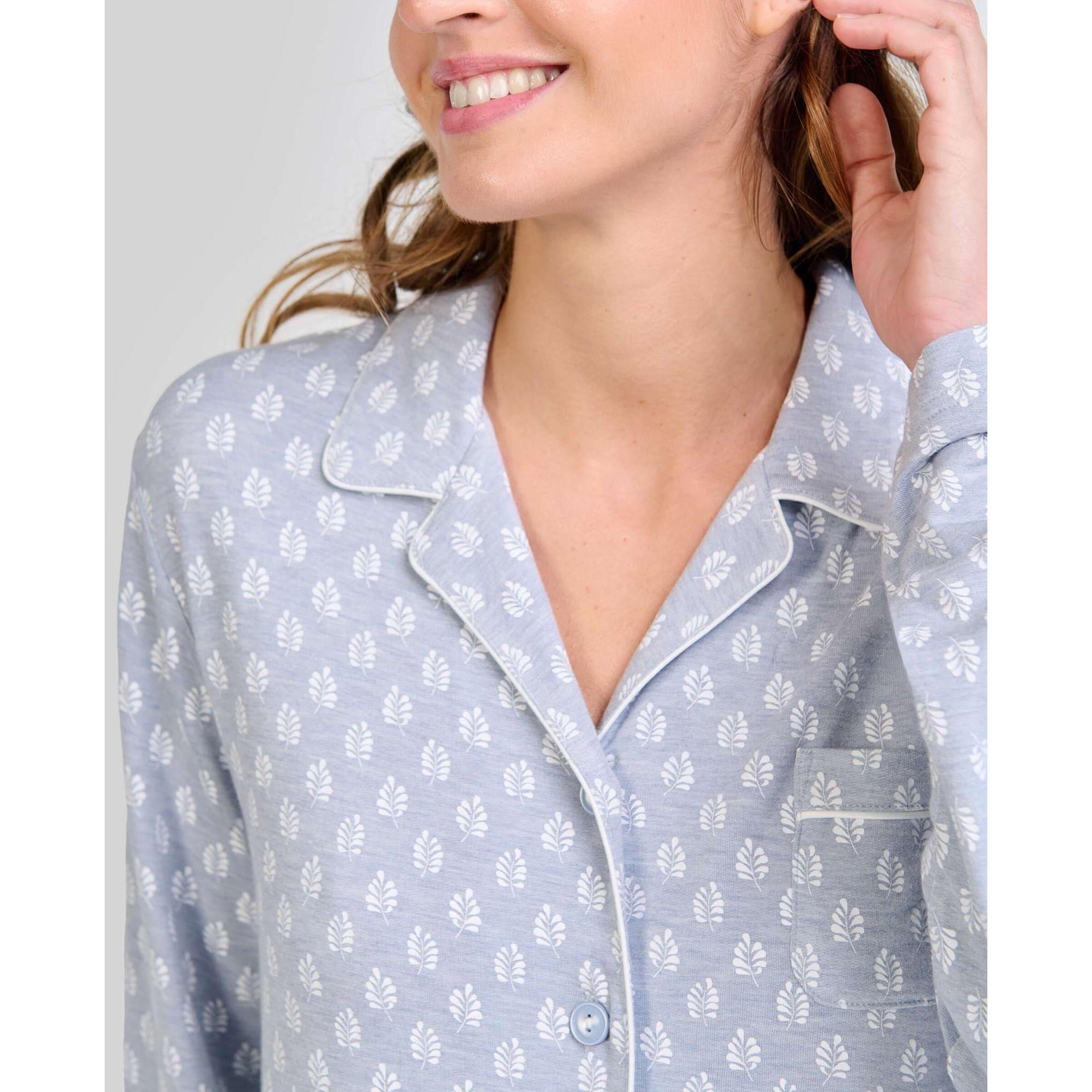 Pijama mujer estampado de hojas con abierto con botones, clásico cuello de solapa con vivo, cómoda manga larga y pantalón largo