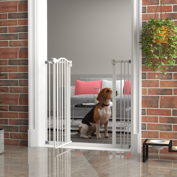 Barrière de sécurité pour chien extensible 74-100 cm, barrière d'escalier à fixation par pression sans percer, double verrouillage, fermeture automatique, hauteur 94 cm, blanc