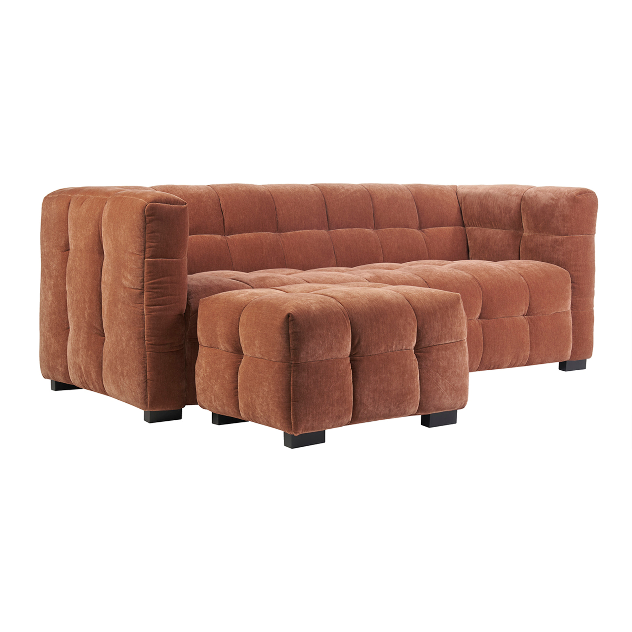 Canapé design 3 places et repose-pieds en tissu effet velours terre brûlée CORTO