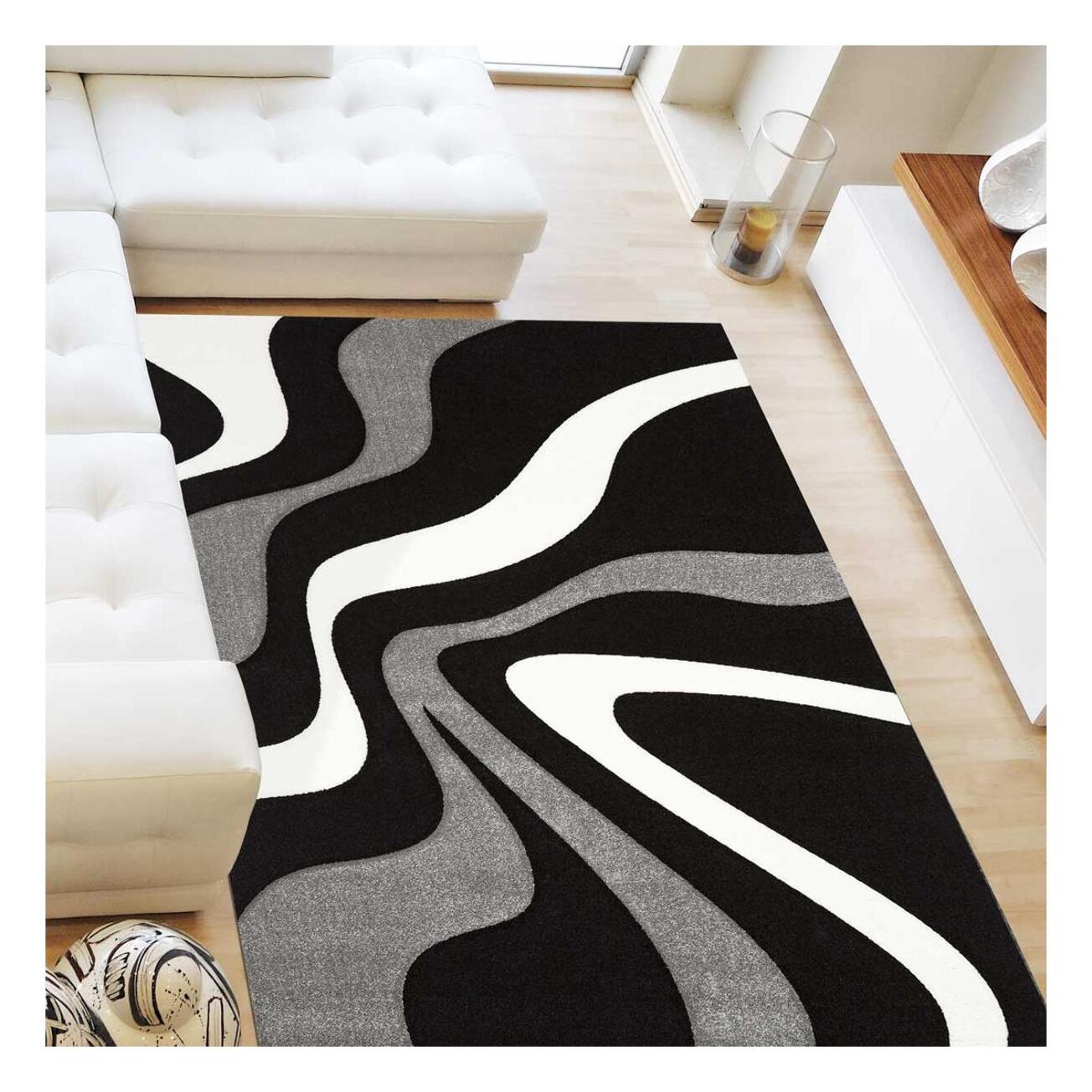 Tapis Hoja, motif : 'vague' noir gris et blanc