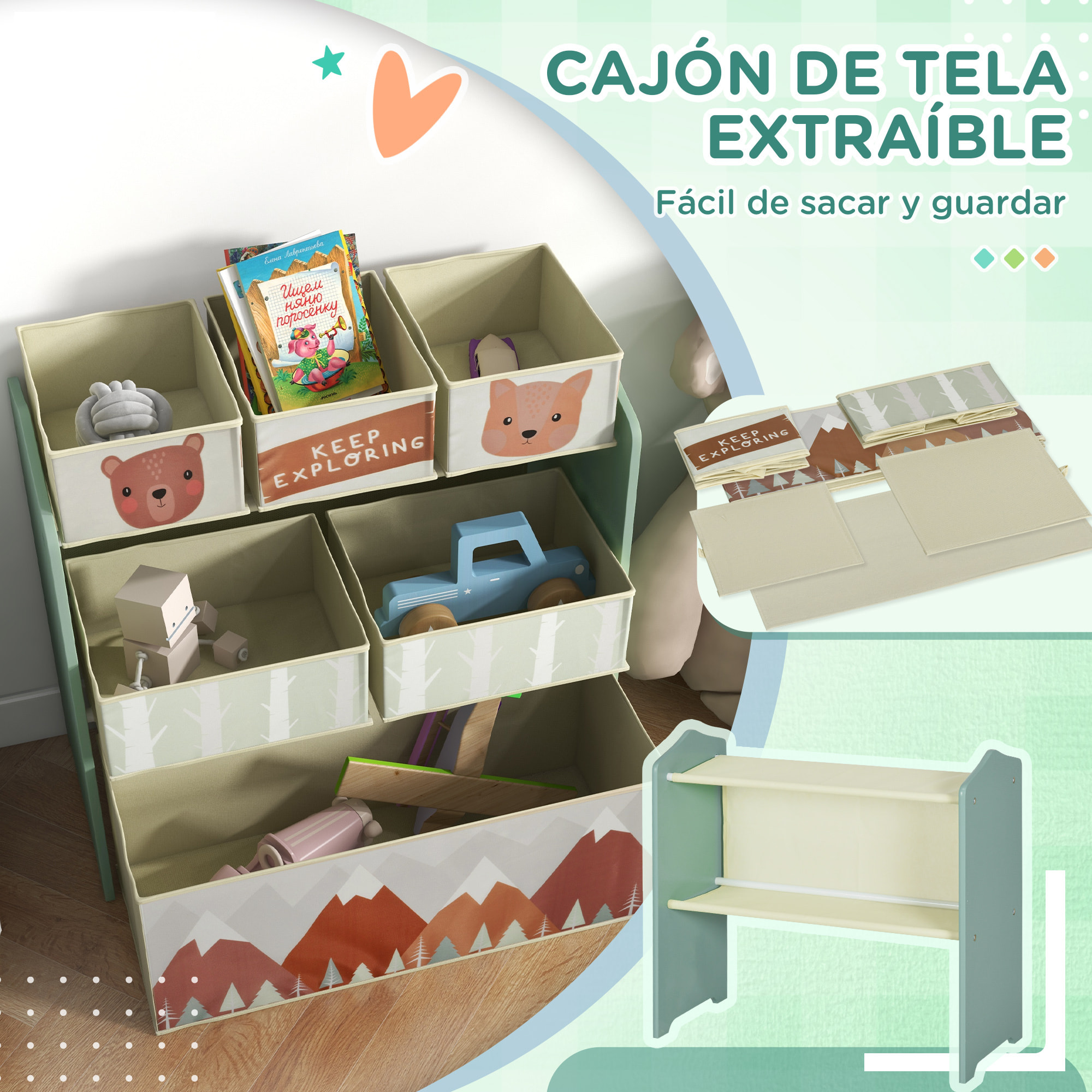 Conjunto para Niños Incluye 1 Cama Infantil 1 Estantería para Juguetes con Pizarra Pintable y 1 Organizador de Juguetes con 6 Cajas de Tela Extraíbles Verde