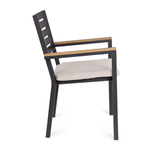 Set 4 sedie da giardino ELDA con cuscino beige, braccioli effetto legno e struttura antracite