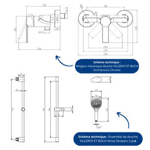 Mitigeur mécanique douche Architectura Chrome + Ensemble de douche Verve Showers 3 jets Chrome