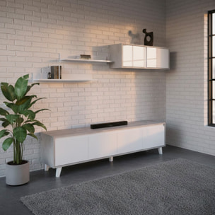 Parete Attrezzata Mobile Porta TV Con Pensile E Mensole Set Da Soggiorno Design Moderno Per Televisori Fino A 77” 200x41x50 Cm Bianco E Grigio Cemento