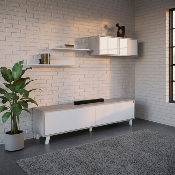 Parete Attrezzata Mobile Porta TV Con Pensile E Mensole Set Da Soggiorno Design Moderno Per Televisori Fino A 77” 200x41x50 Cm Bianco E Grigio Cemento