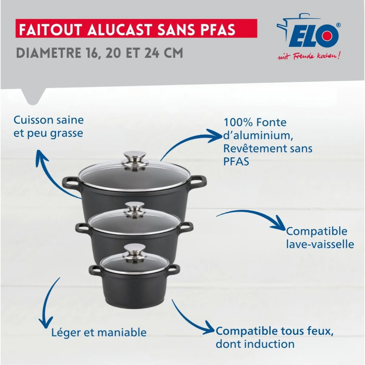 Set de 3 faitouts 16 cm 20 cm et 24 cm sans PFAS avec couvercles en verre Elo Alucast