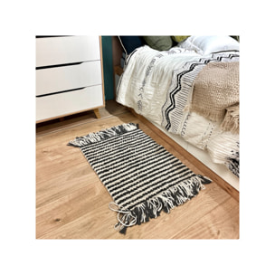 Tapis 60 x 80 cm tissu texturé petits pompons avec franges bicolores - MARINE