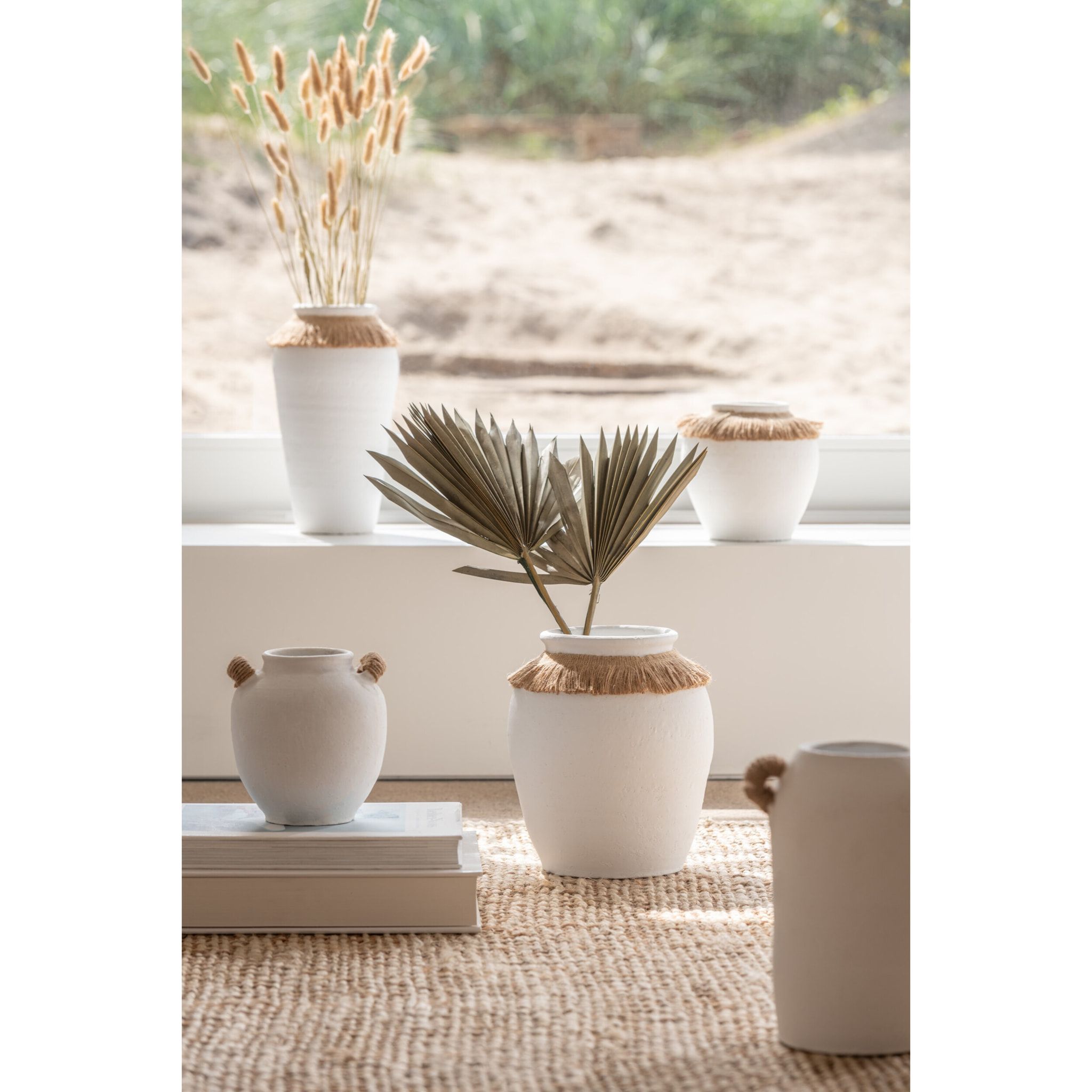 J-Line vase Ibiza - céramique/rotin - blanc/naturel - medium - Ø 10 cm
