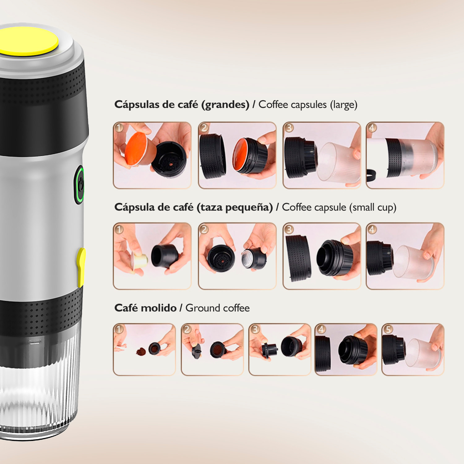 Cafetera portátil de cápsulas KF-JN-01, con batería recargable de 7500mAh. Compatible con cápsulas y café molido.