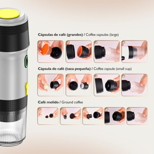 Cafetera portátil de cápsulas KF-JN-01, con batería recargable de 7500mAh. Compatible con cápsulas y café molido.
