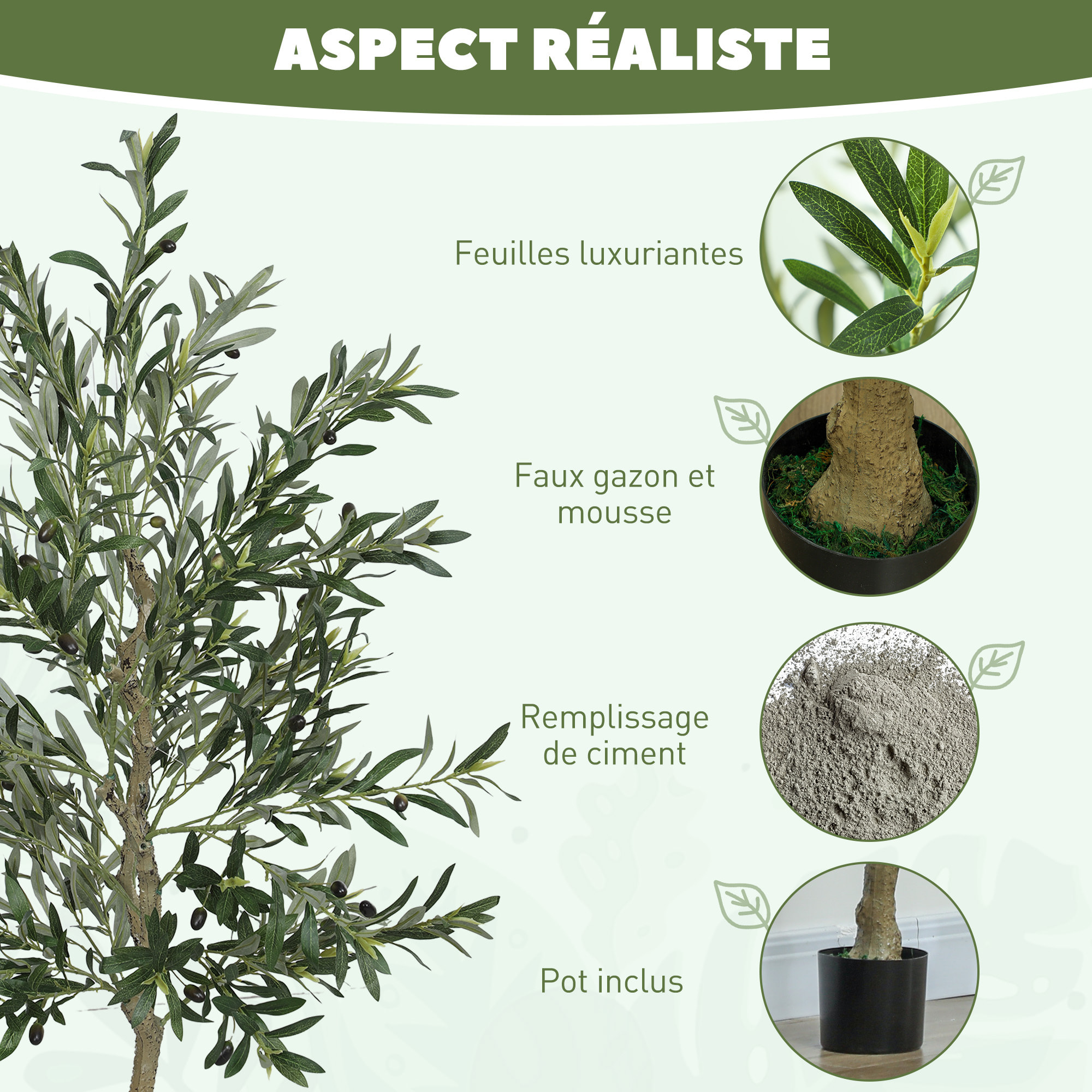 Olivier artificiel H.180 cm - grand réalisme - 900 feuilles en soie, 40 olives - mousse effet lichen pot inclus