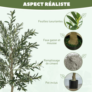 Olivier artificiel H.180 cm - grand réalisme - 900 feuilles en soie, 40 olives - mousse effet lichen pot inclus