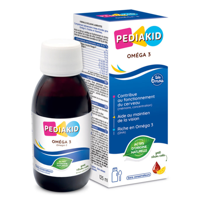 PEDIAKID - Oméga 3 - Complément Alimentaire Naturel - Formule Exclusive au Sirop d'Agave - Riche en DHA - Favorise le Bon Fonctionnement du Cerveau - Goût Citron-Cola - Flacon de 125 ml
