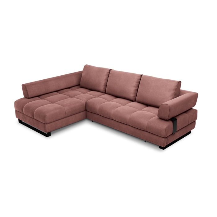 Canapé d'angle gauche convertible avec coffre de rangement "Clinton" 5 places en velours rose