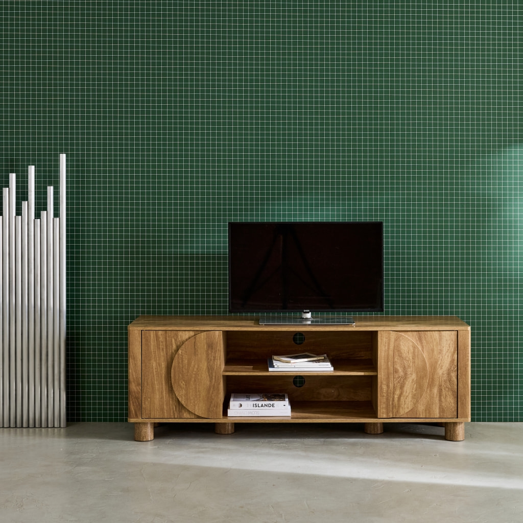 Meuble TV exotique décor bois de manguier 2 portes 155cm Pondi