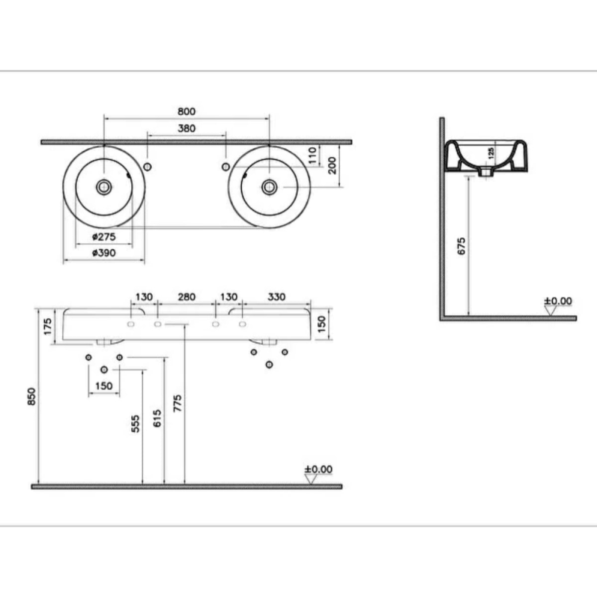 Double lavabo VITRA Liquid 120 cm avec trou et avec trop-plein