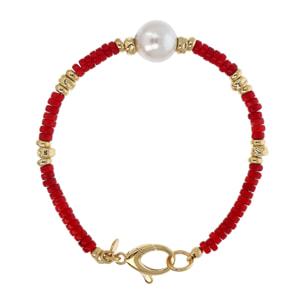 Bracciale placcato Oro Giallo 18Kt con Rondelle in Corallo Salmone e Perla Bianca d'Acqua Dolce