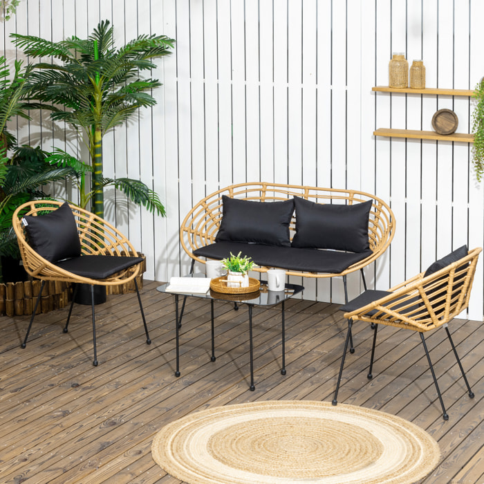 Conjunto de Jardín Exterior de Ratán Sintético de 4 Piezas Muebles de Jardín Exterior Incluye 1 Sofá Doble 2 Sillones y Mesa de Vidrio con Cojines Natural y Negro