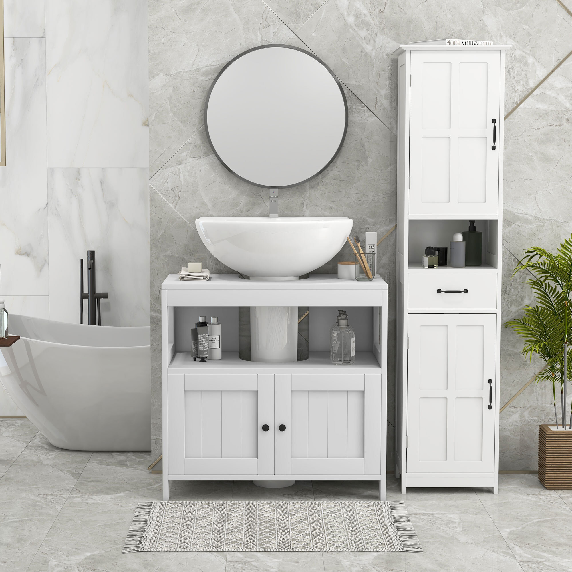 Mueble para Debajo del Lavabo con 2 Puertas y Estante Abierto Mueble Lavabo con Pie Moderno Carga 30 kg 60x30x60 cm Blanco