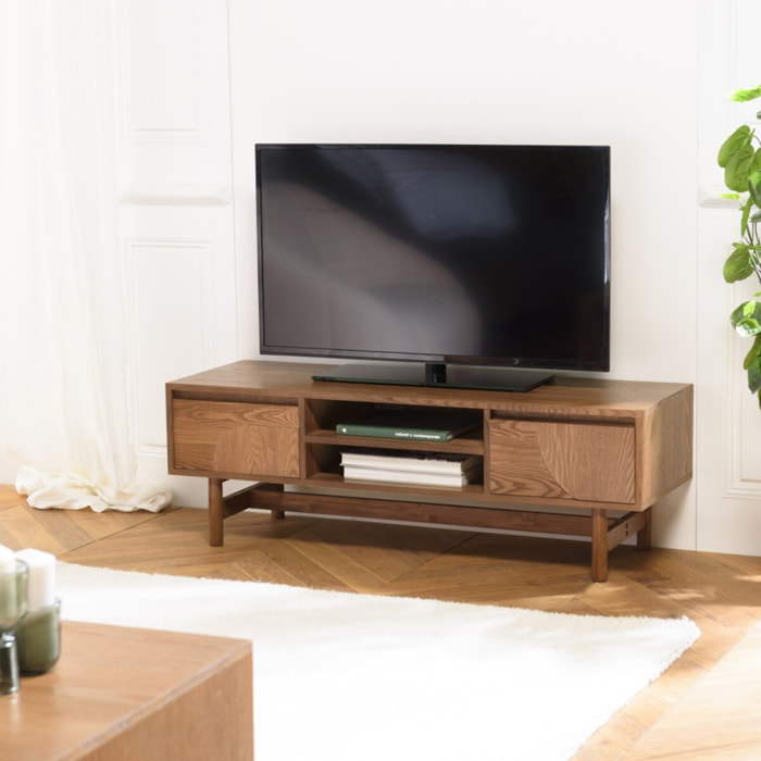 MARIO - Meuble TV couleur naturelle 2 tiroirs motif arrondi 2 niches