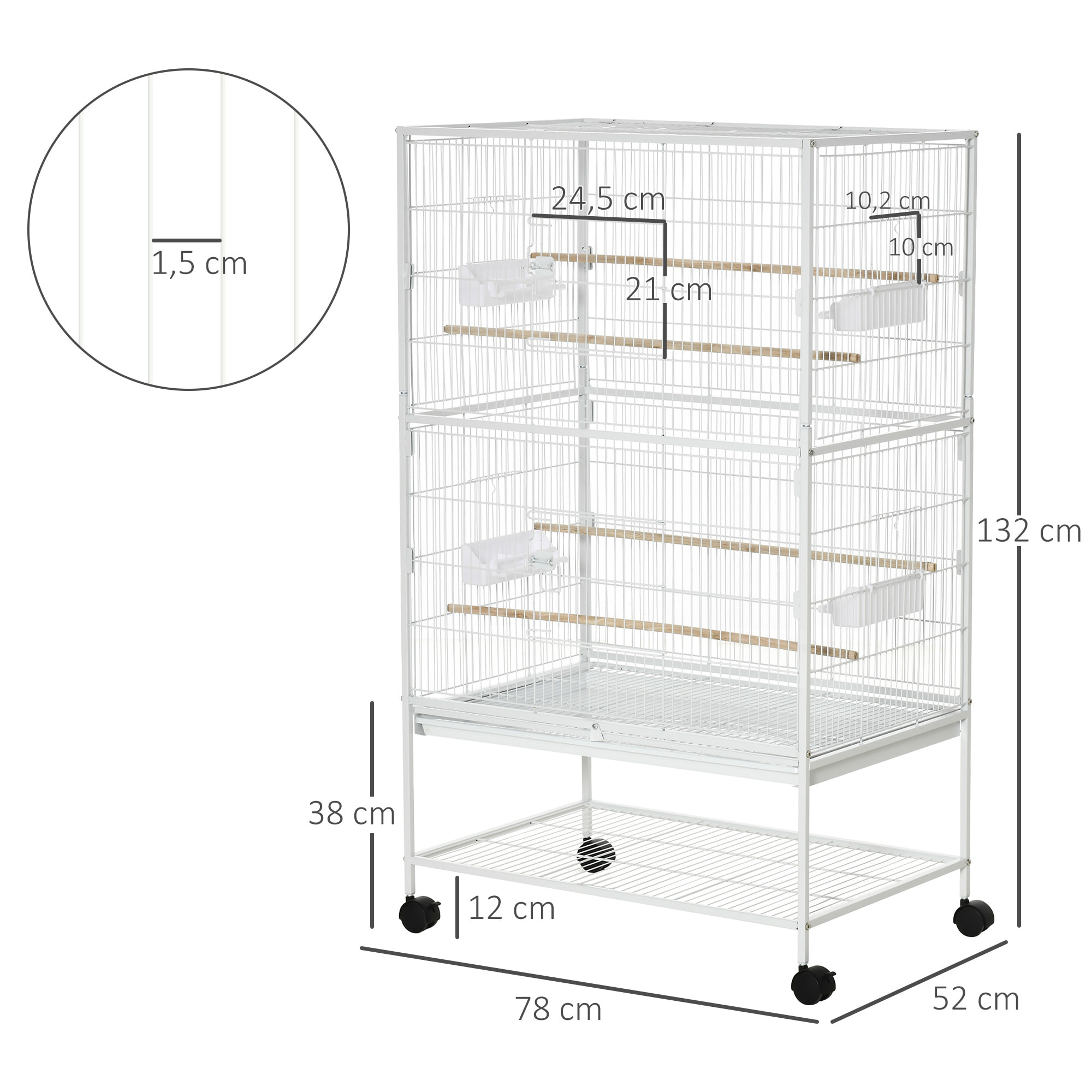 Jaula para Pájaros con Ruedas 78x52x132 cm con Bandeja Extraíble 4 Comederos