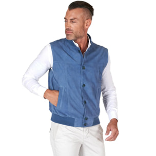 Gilet in pelle camoscio blu denim con bottoni