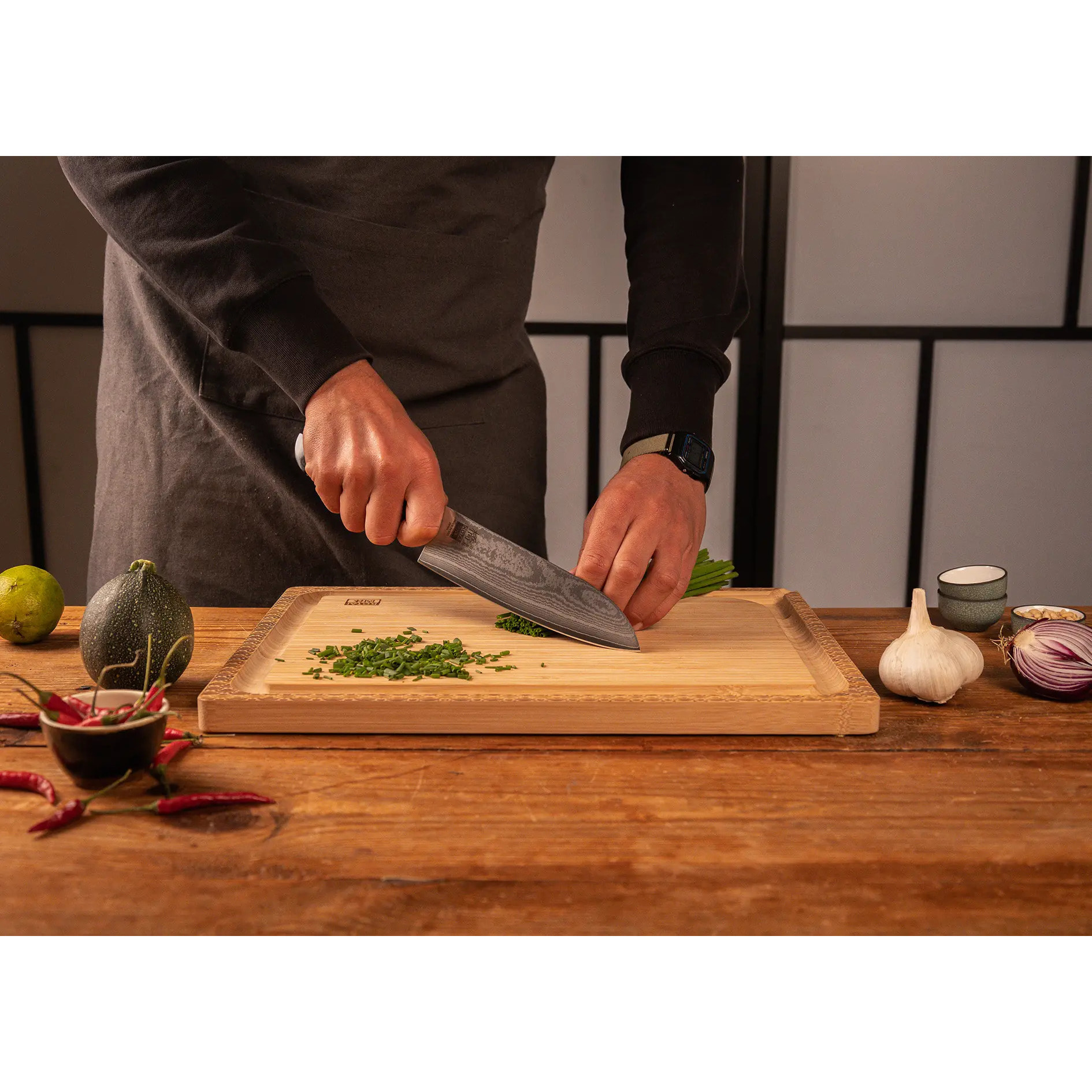 Coltello "Santoku" Hashi Damas - acciaio damasco giapponese - lama: 18 cm