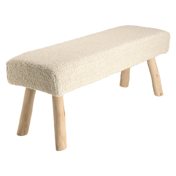 SACHA - Banc 120x40cm en laine texturée ivoire pieds en bois naturel