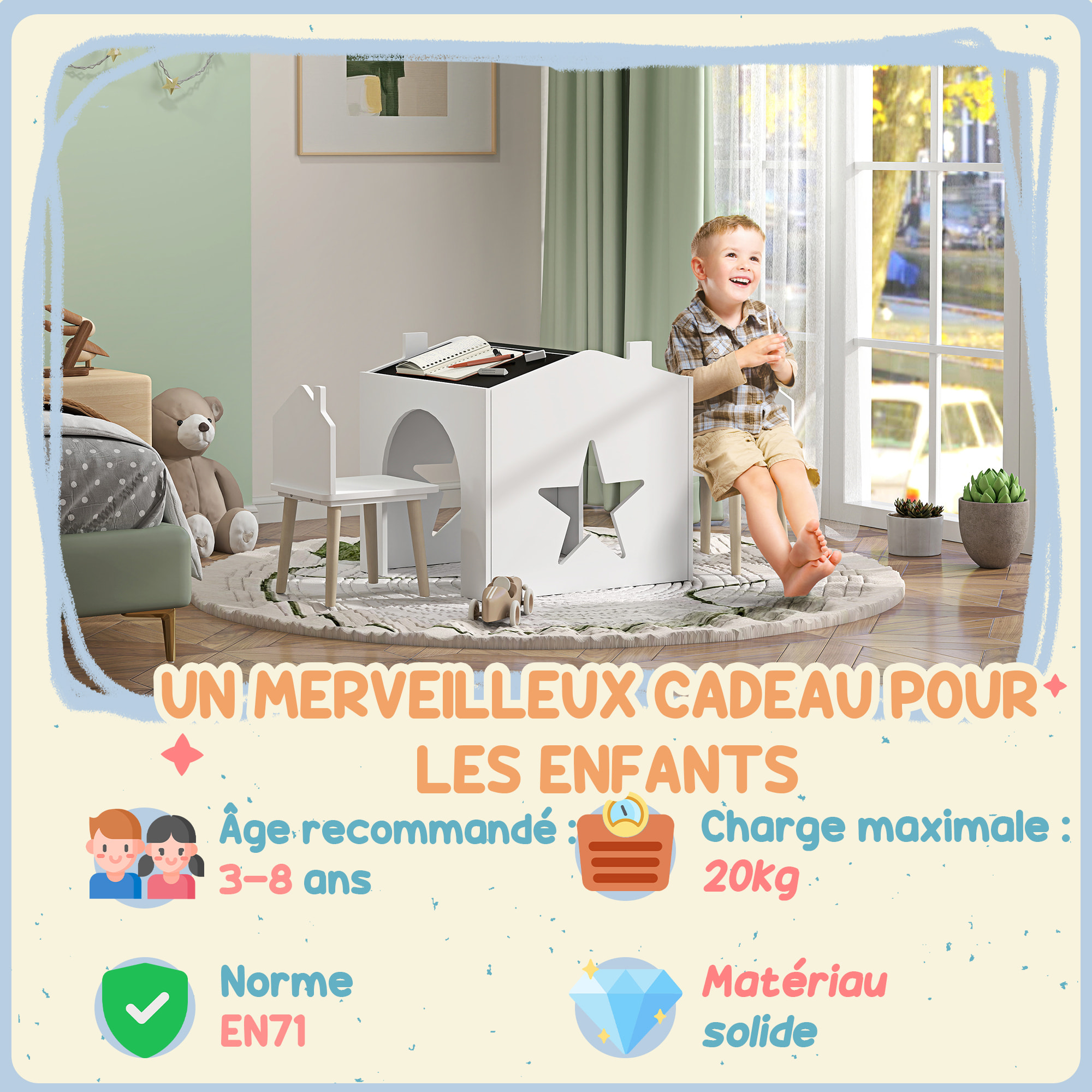 Ensemble 1 table et 2 chaises enfants avec plateau de tableau noir, pieds en pin, pour 3-8 ans, blanc