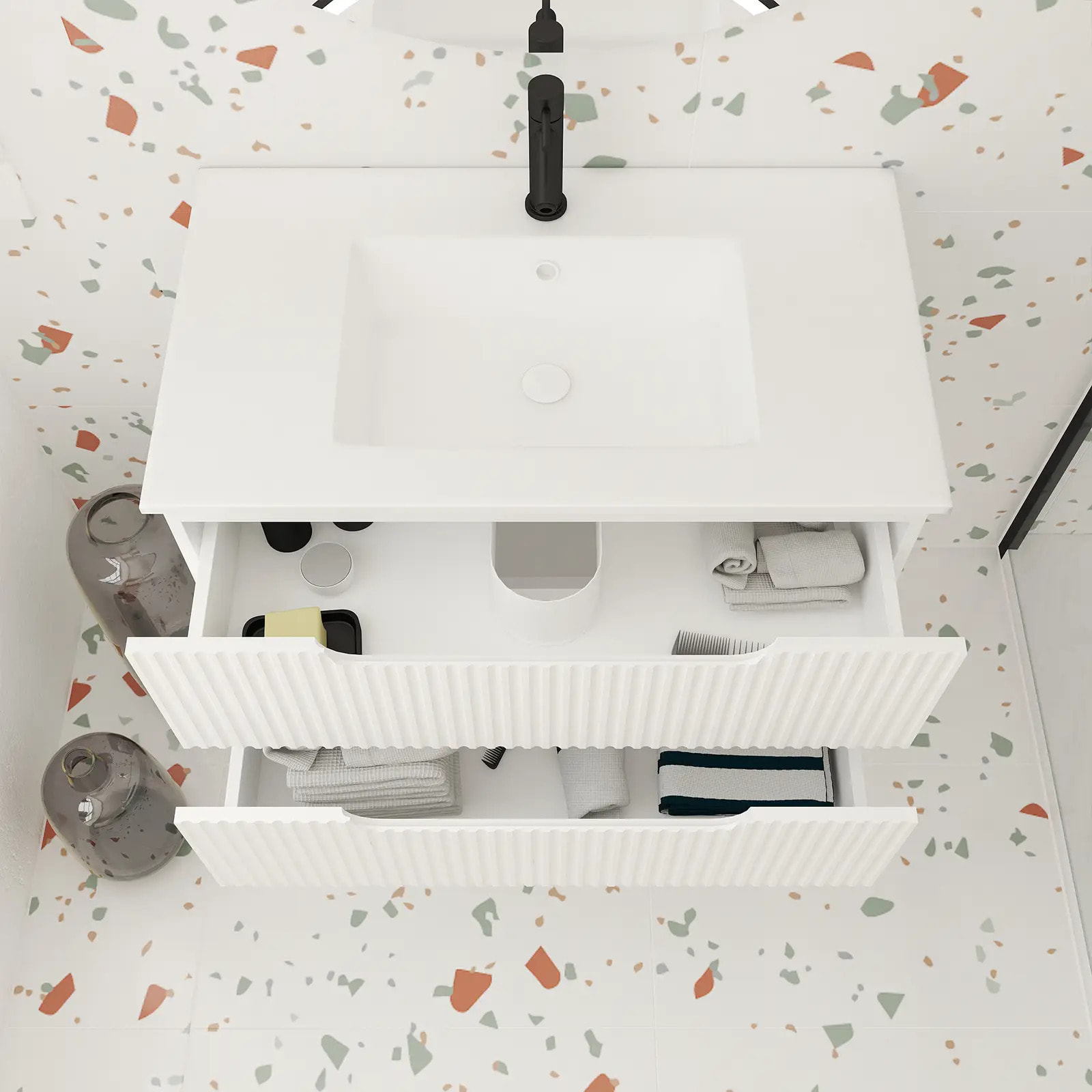 Meuble de Salle de Bains LEON 80cm Blanc Neige - 2 Tiroirs en MDF Ondulés - Vasque à encastrer