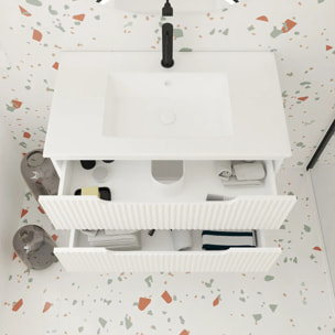 Meuble de Salle de Bains LEON 80cm Blanc Neige - 2 Tiroirs en MDF Ondulés - Vasque à encastrer