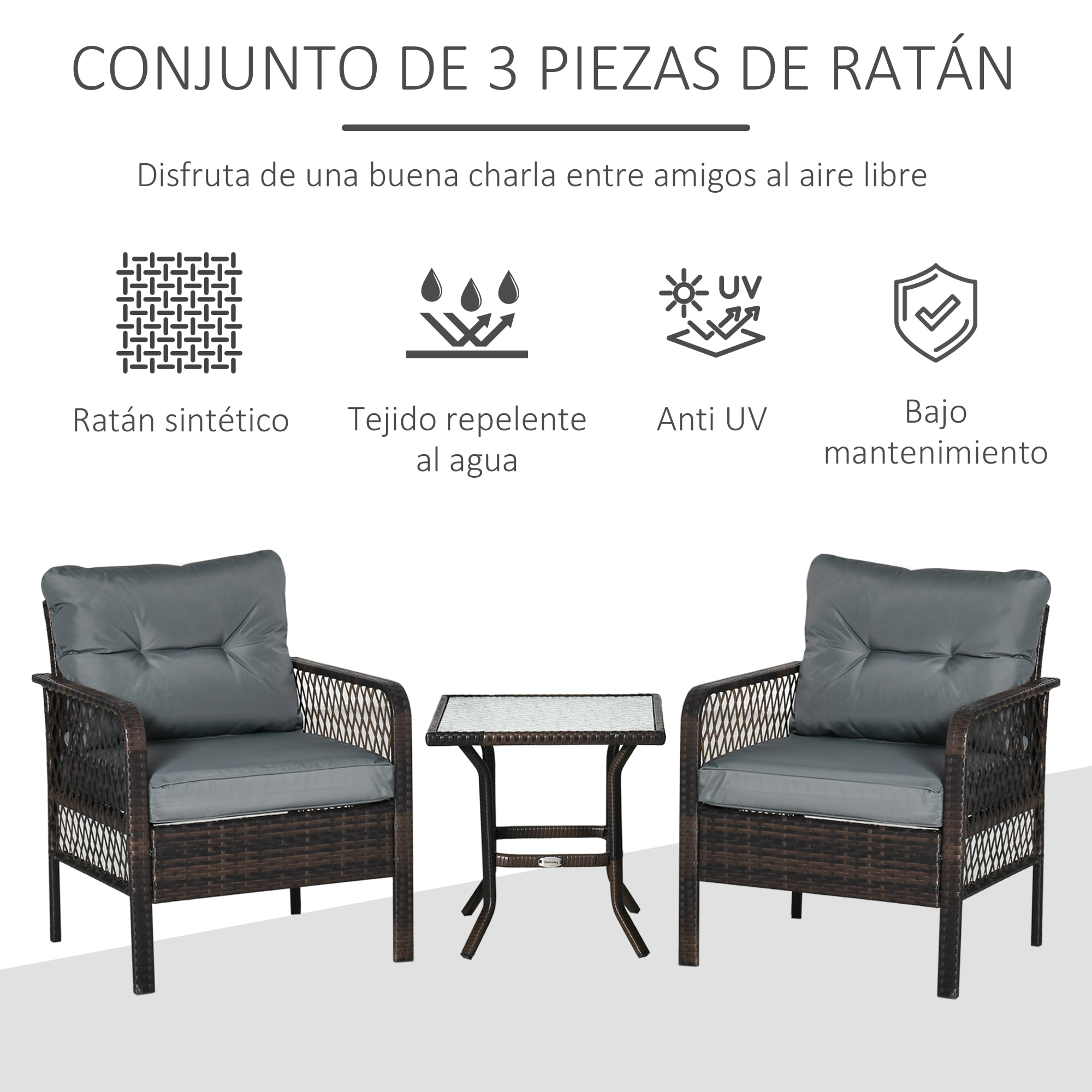 Conjunto de Muebles de Ratán Jardín 2 Sillones y Mesa de Vidrio Templado Marrón