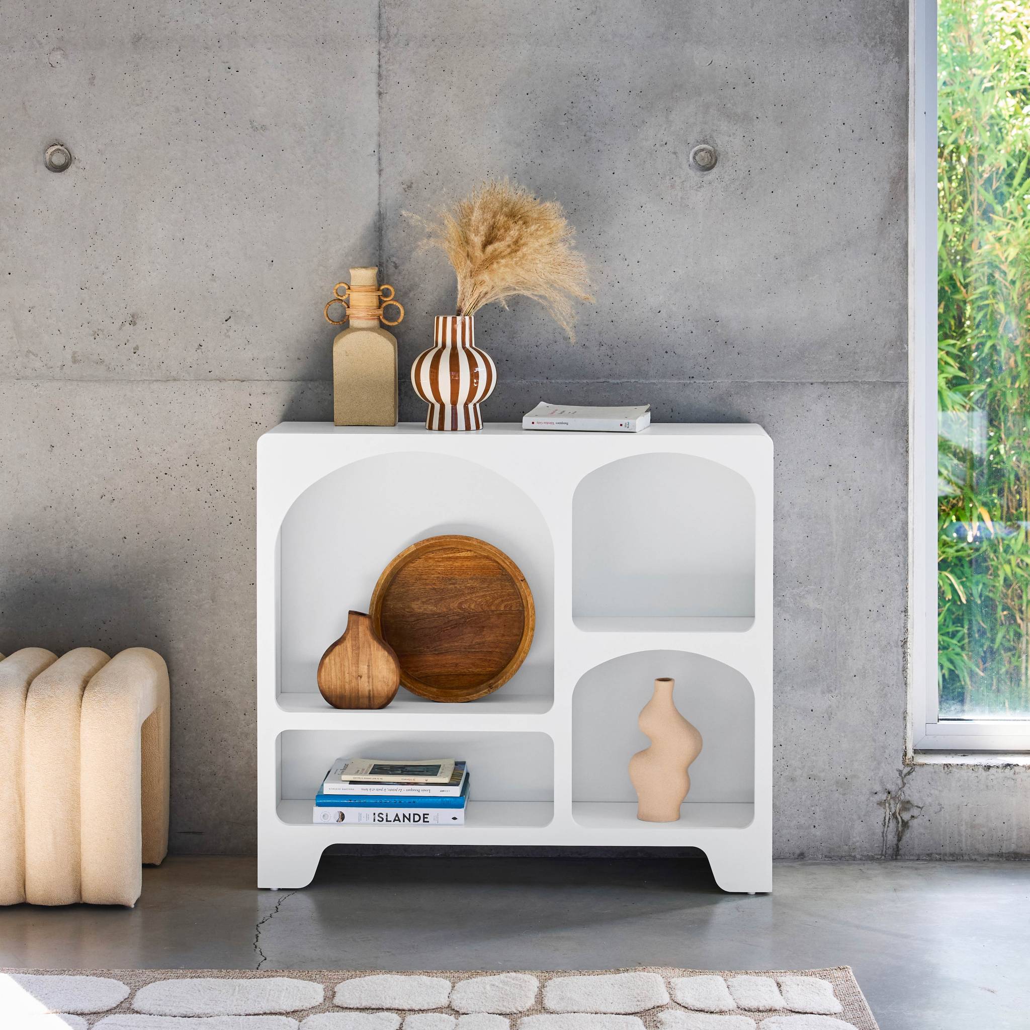 Buffet organique plusieurs niches 4 compartiments. buffet bas. effet bois blanc 90cm