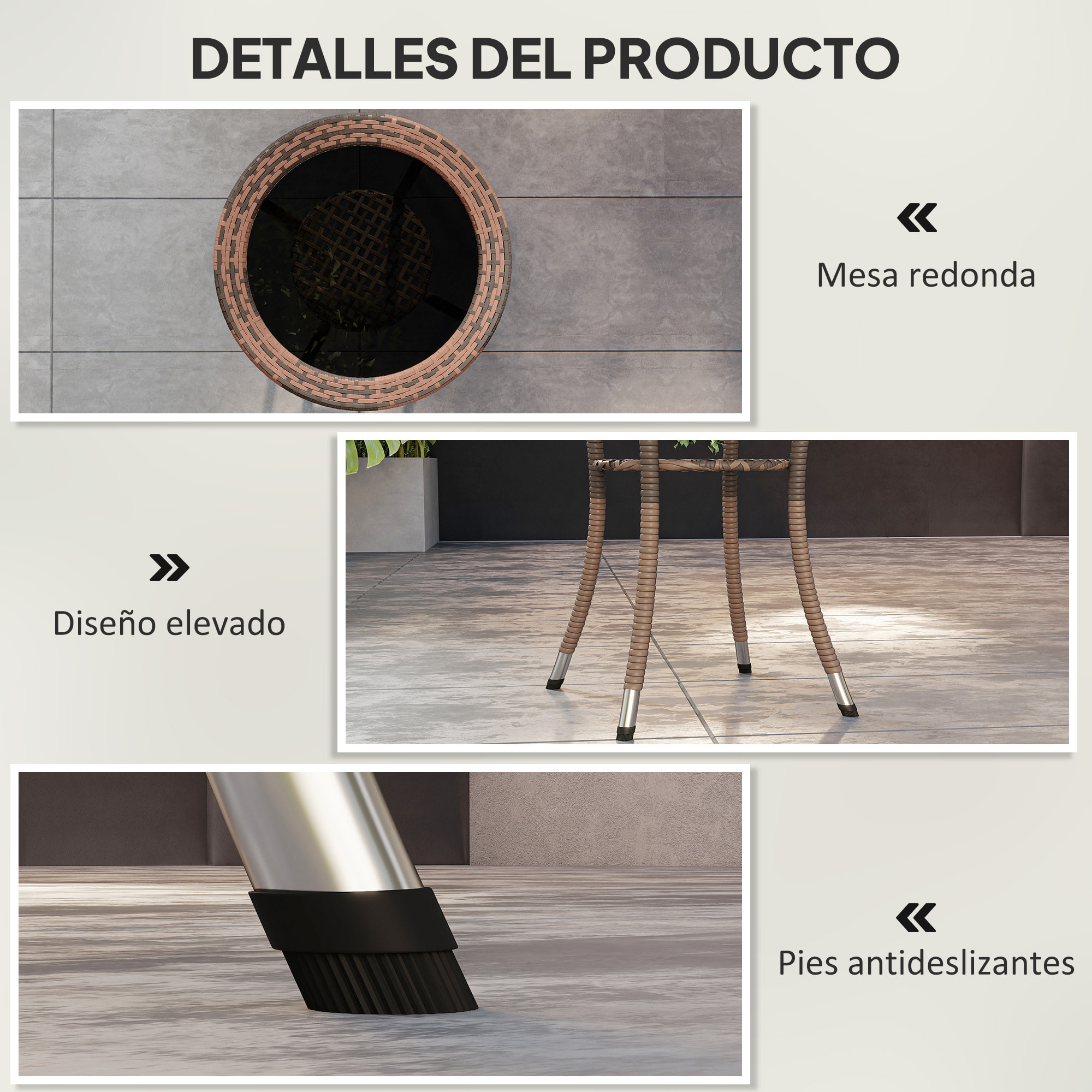 Mesa de Ratán Redonda Ø64x71 cm Mesa de Jardín con Estante Marco de Acero y Tablero de Vidrio Carga 50 kg para Terraza Patio Marrón