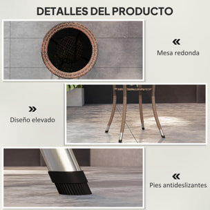Mesa de Ratán Redonda Ø64x71 cm Mesa de Jardín con Estante Marco de Acero y Tablero de Vidrio Carga 50 kg para Terraza Patio Marrón