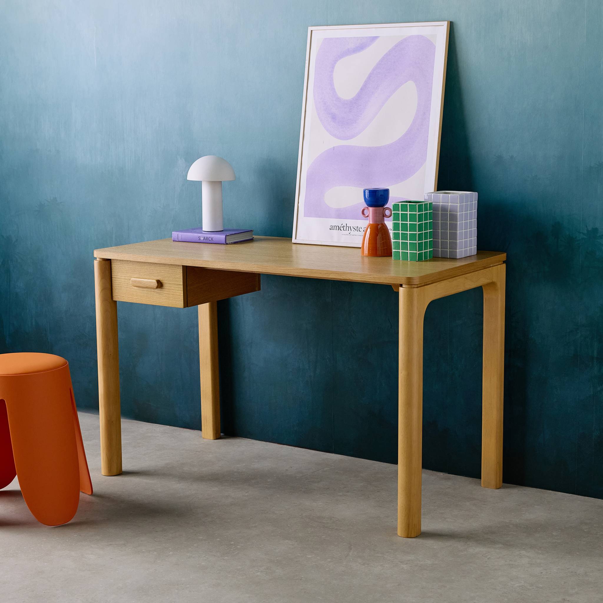 Bureau bois d'hévéa placage chêne 1 tiroir naturel - L 120 x l 60 x H 75 cm - Garance
