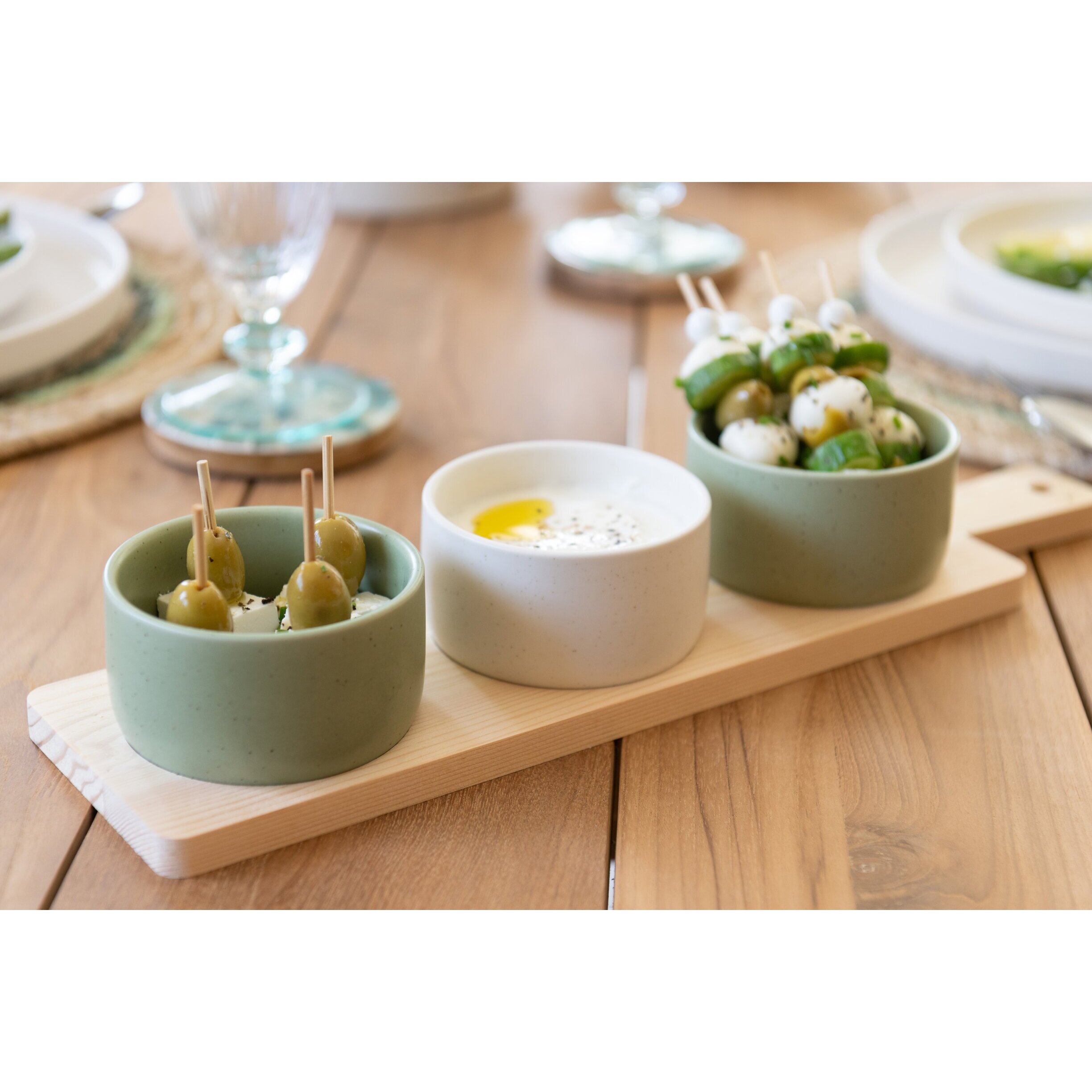 J-Line planche à tapas 4 bols + plateau Bambou - céramique/bois - blanc/vert