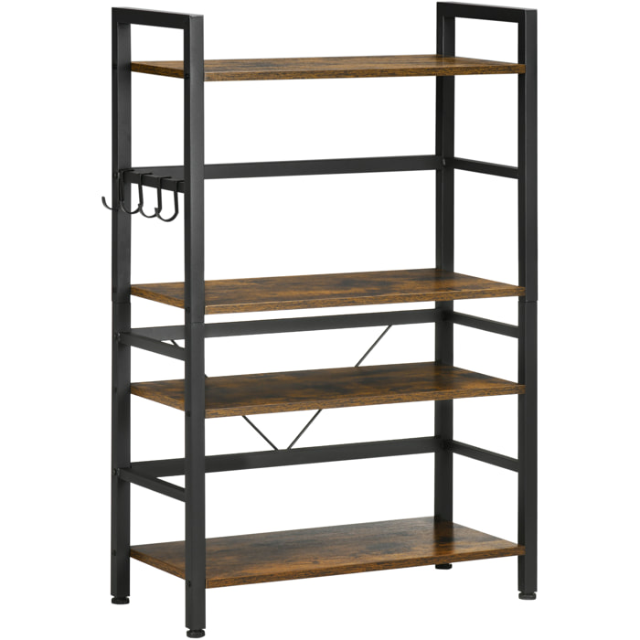 Estantería de Cocina de 4 Niveles Estante de Cocina con 4 Estantes Ganchos y Sistema Antivuelco Estantería para Microondas 65x30x102 cm Marrón Rústico y Negro