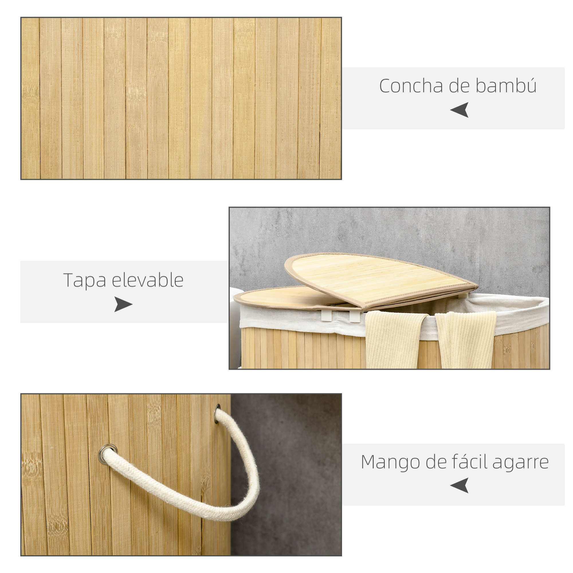 Cesto de Ropa Sucia con Tapa, 100L, Cesta Ropa Sucia de Bambú con 2 Compartimentos, Bolsa Interior Extraíble y Lavable, Asas, para Lavandería, Dormitorio, 62,5x37x60,5 cm, Natural