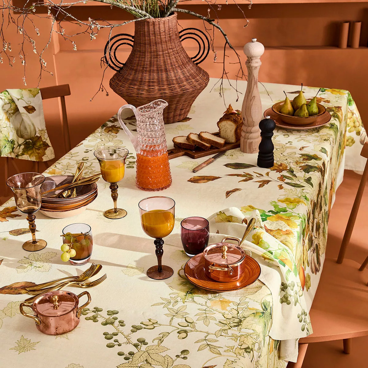 Nappe lin & coton lavé 190 g/m² imprimé beige orange Delices d'automne potiron