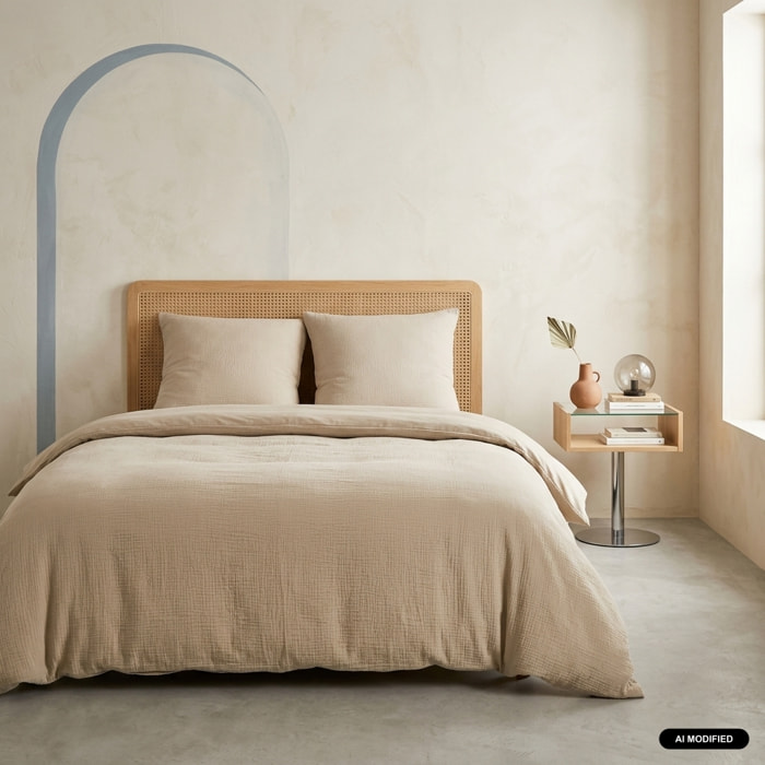 Parure de lit gaze de coton 2 places beige ALIX