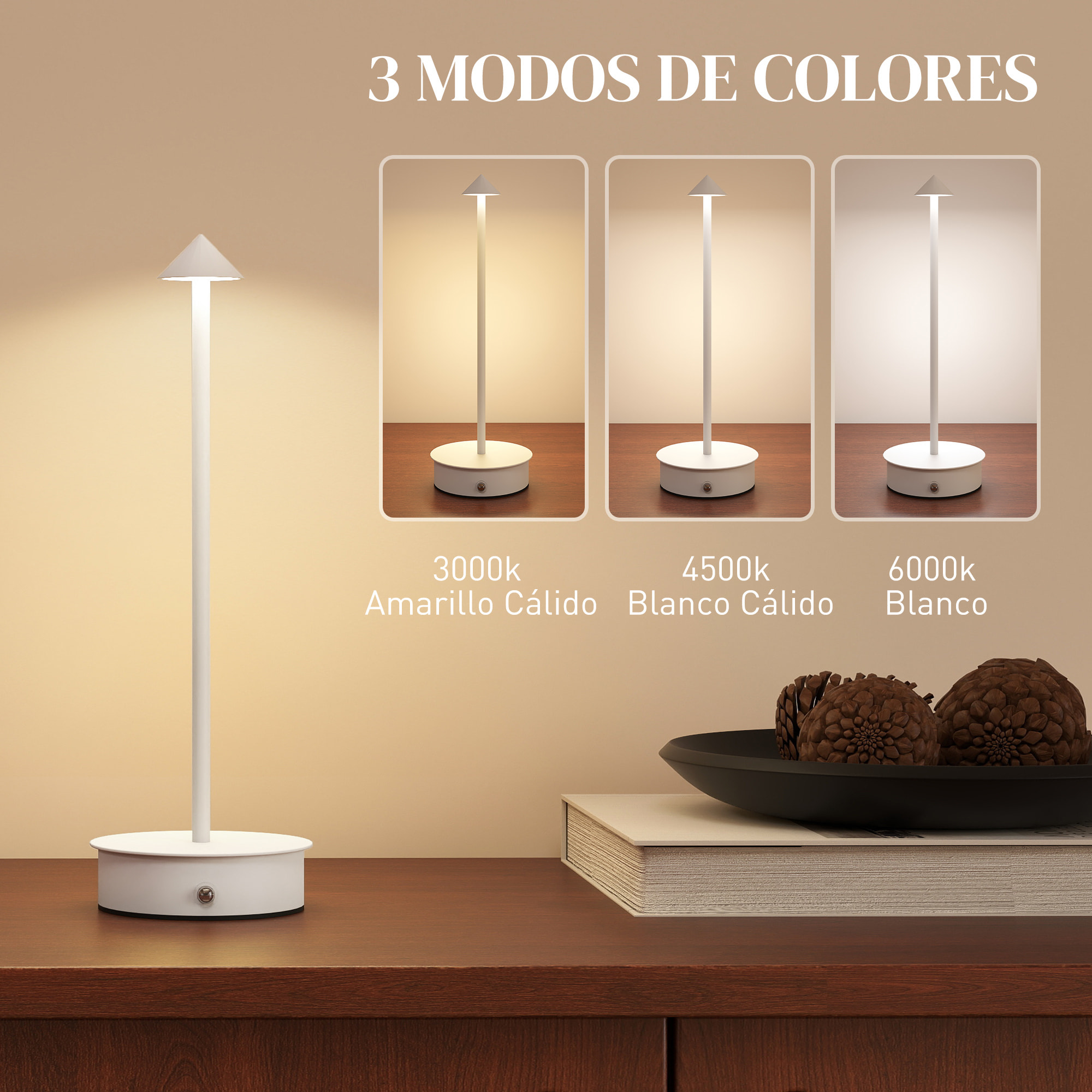 Juego de 2 Lámparas de Mesa Recargables por USB, Lámparas de Mesita de Noche Regulables con Control Táctil, 3000K/4500K/6000K, Luz LED Incluida, para Dormitorio, Salón u Oficina, Blanco