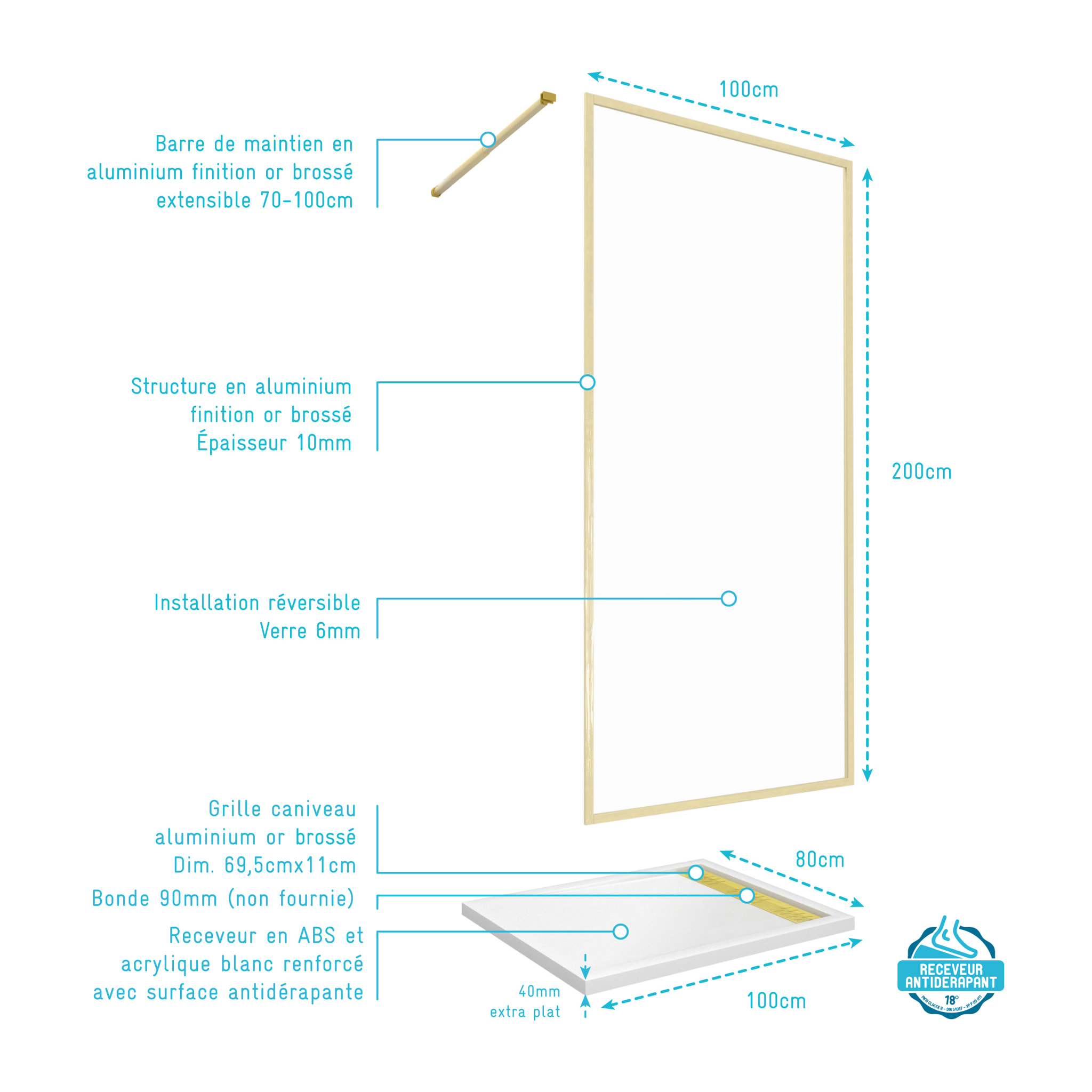 Paroi de Douche 100x200cm + Grille Finition Or Doré Brossé + Receveur Blanc 100x80x4cm