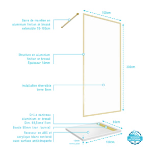 Paroi de Douche 100x200cm + Grille Finition Or Doré Brossé + Receveur Blanc 100x80x4cm