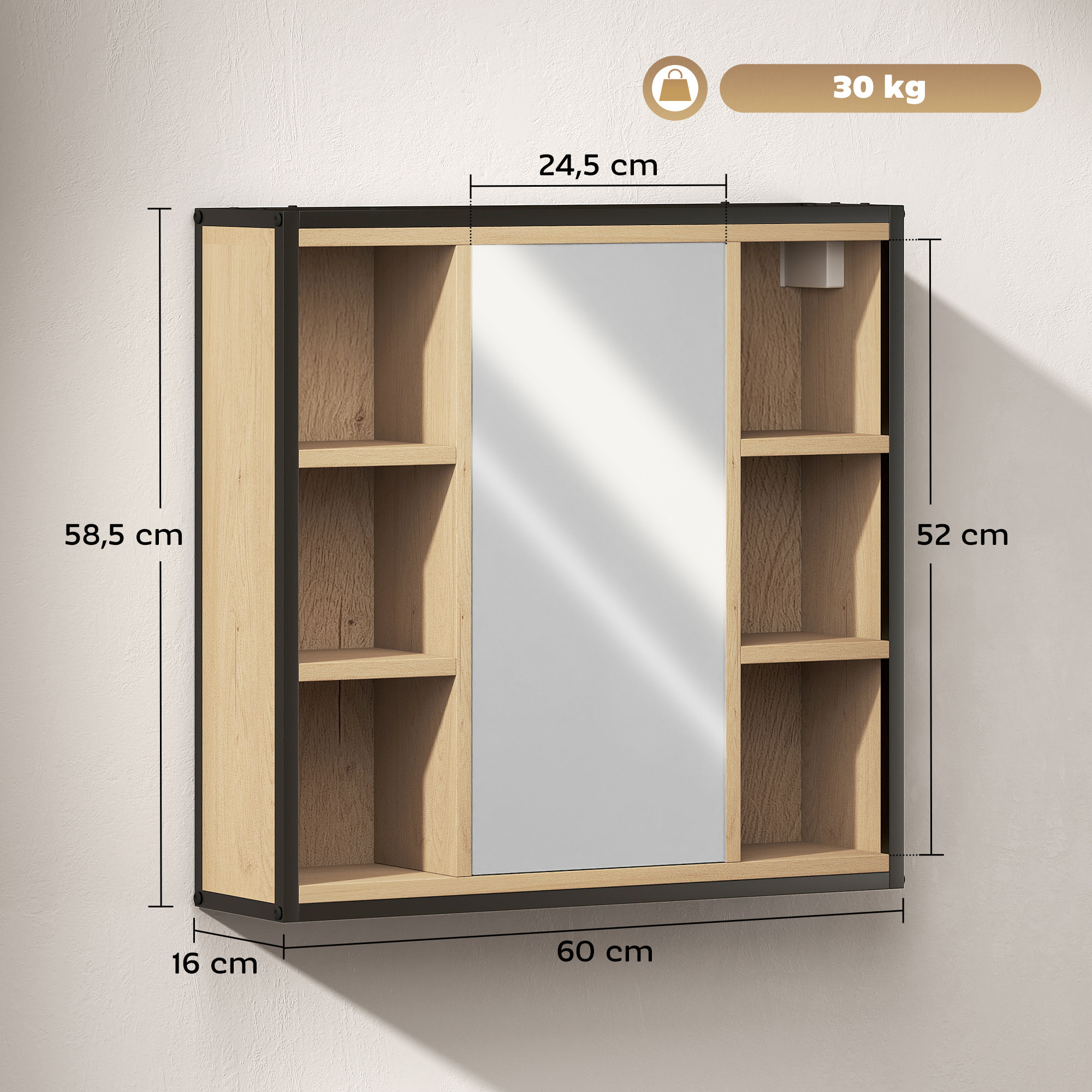 Armoire miroir murale salle de bain - 6 niches, porte, étagère - acier noir effet bois
