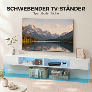 Mueble de TV Suspendido con Luces LED, Mueble de TV para Salón con Estantes Abiertos, Estilo Moderno, para Televisión 75 Pulgadas, 177,8x30x18 cm, Blanco