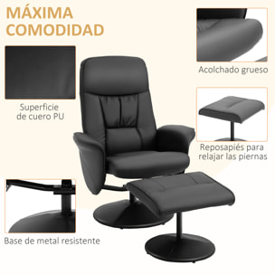 HOMCOM Sillón de Salón con Otomana Reposapiés Tapizado en PU Sillón Relax Reclinable hasta 145° y Giratorio 360° con Respaldo Ajustable para Salón Dormitorio Oficina 81x81x105 cm Negro
