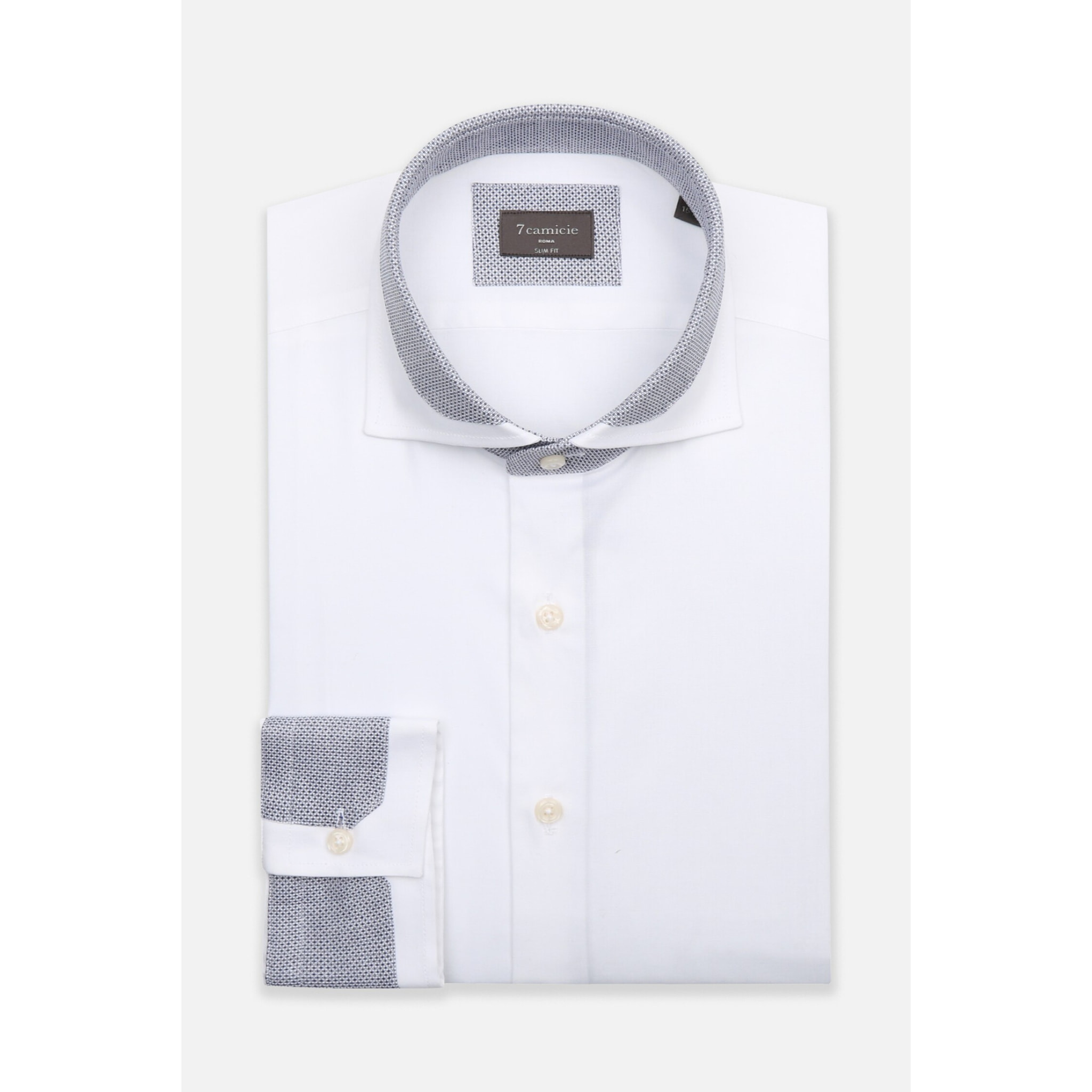 Camicia Uomo 1 Bottone Francese Contrasto sul Collo Popeline Stretch Unito Bianco
