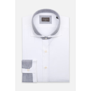 Camicia Uomo 1 Bottone Francese Contrasto sul Collo Popeline Stretch Unito Bianco