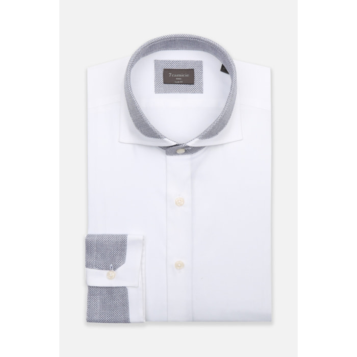 Camicia Uomo 1 Bottone Francese Contrasto sul Collo Popeline Stretch Unito Bianco
